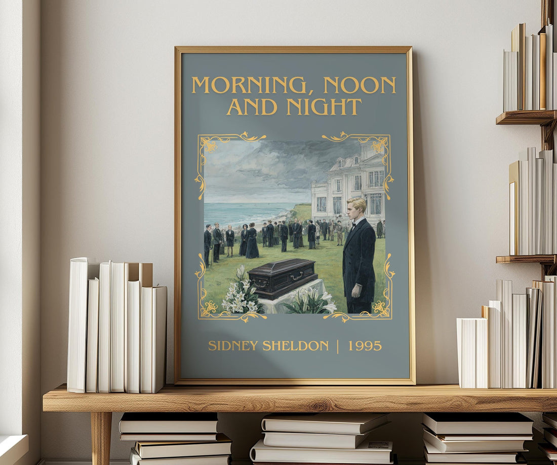 Morning, Noon and Night classic book art print in frame leaning in hallway – thriller wall art (mockup)
