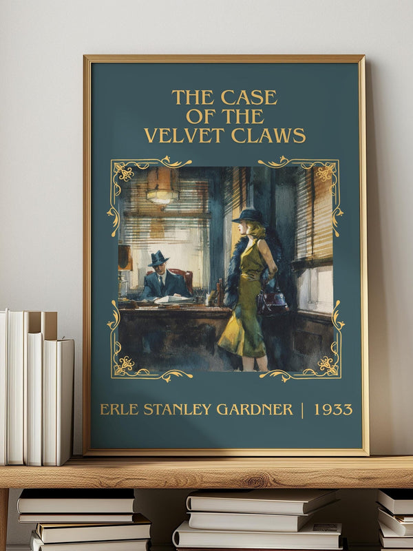 The Case of the Velvet Claws classic book art print in frame leaning in hallway – mystery wall art