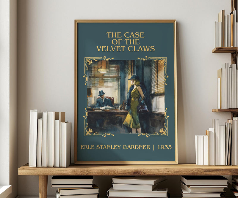The Case of the Velvet Claws classic book art print in frame leaning in hallway – mystery wall art