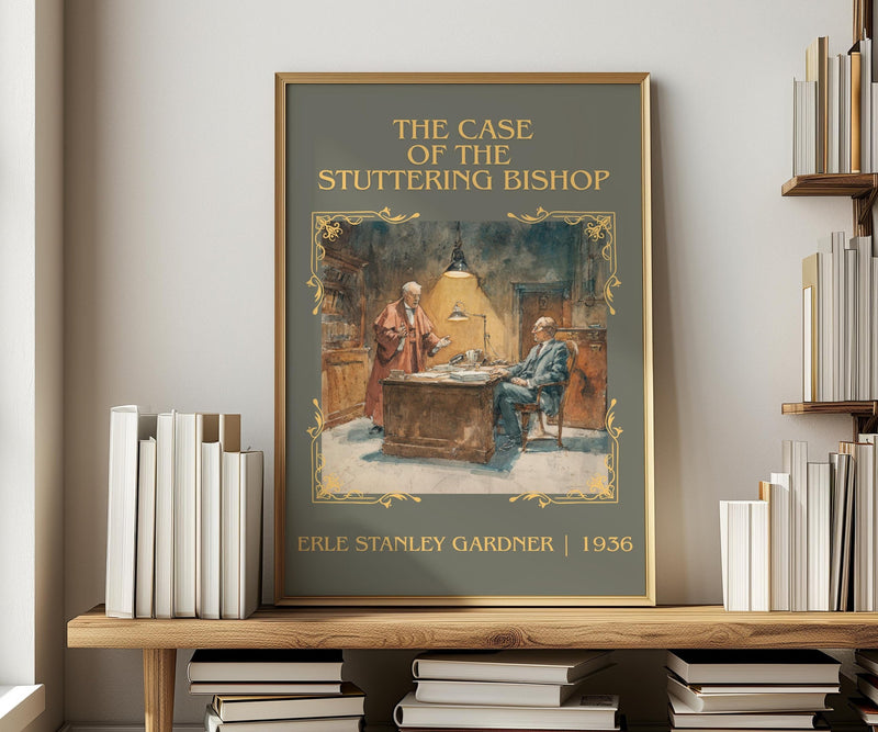 The Case of the Stuttering Bishop classic book art print in frame leaning in hallway – mystery wall art