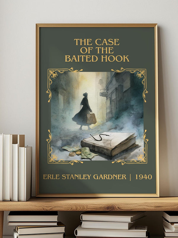 The Case of the Baited Hook classic book art print in frame leaning in hallway – mystery wall art
