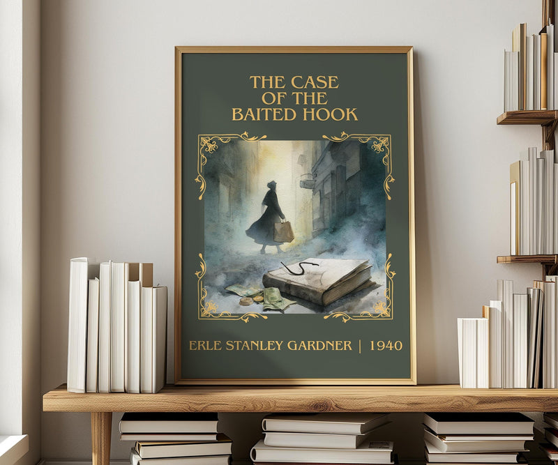 The Case of the Baited Hook classic book art print in frame leaning in hallway – mystery wall art