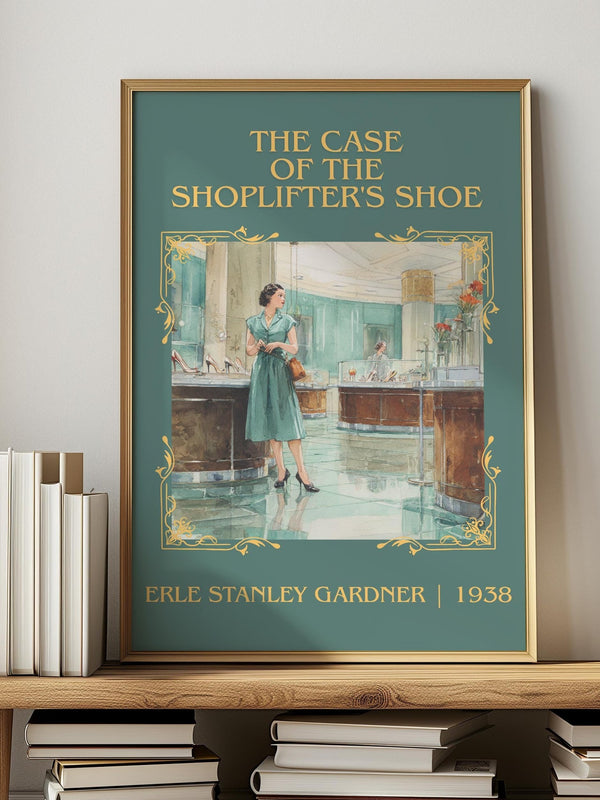 The Case of the Shoplifter's Shoe classic book art print in frame leaning in hallway – mystery wall art