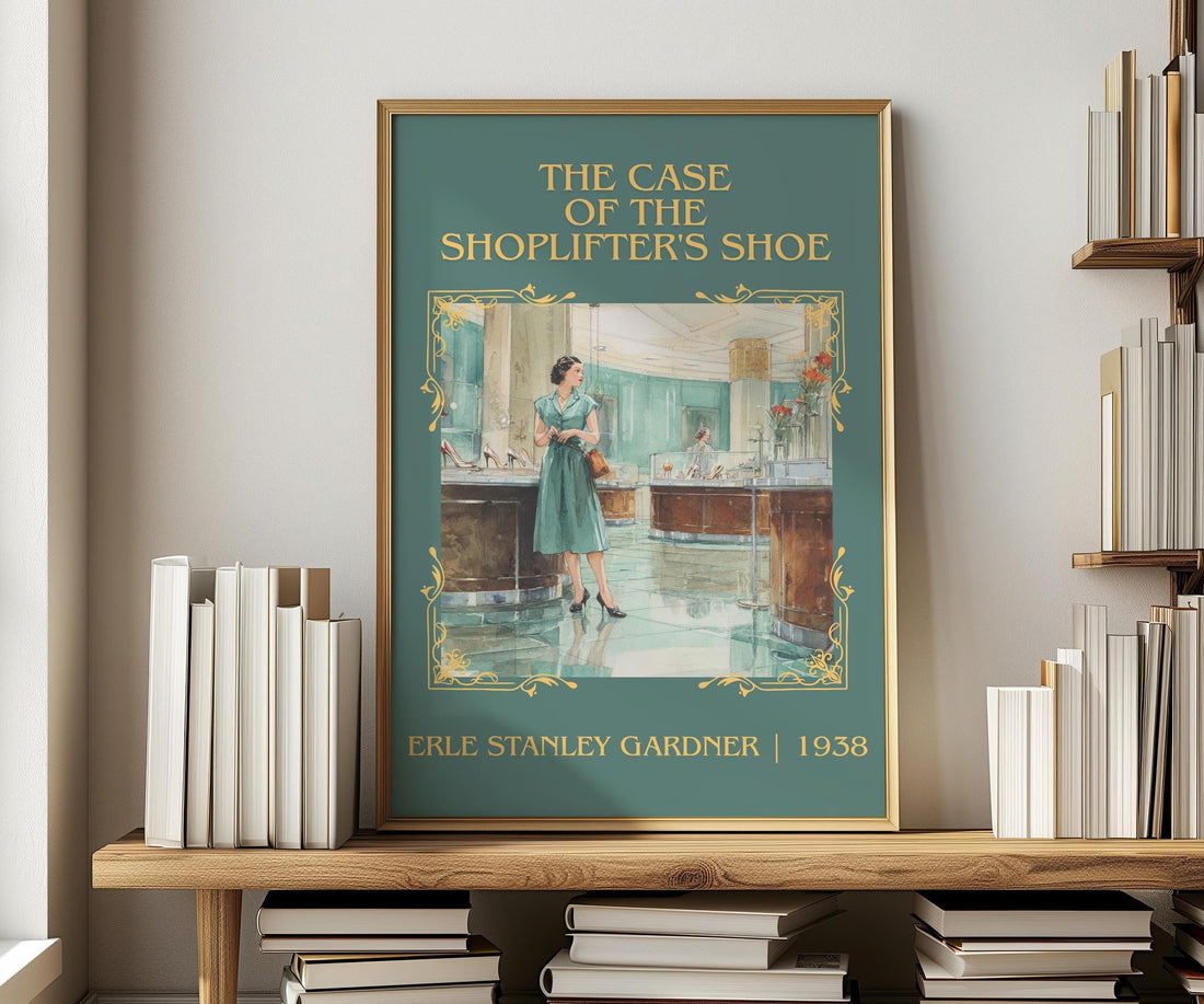 The Case of the Shoplifter's Shoe classic book art print in frame leaning in hallway – mystery wall art (mockup)