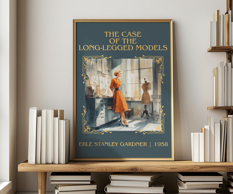 The Case of the Long-legged Models classic book art print in frame leaning in hallway – mystery wall art