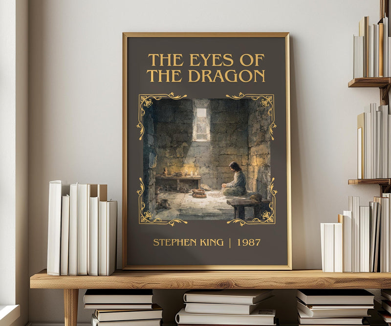 The Eyes Of The Dragon classic book art print in frame leaning in hallway – fantasy wall art