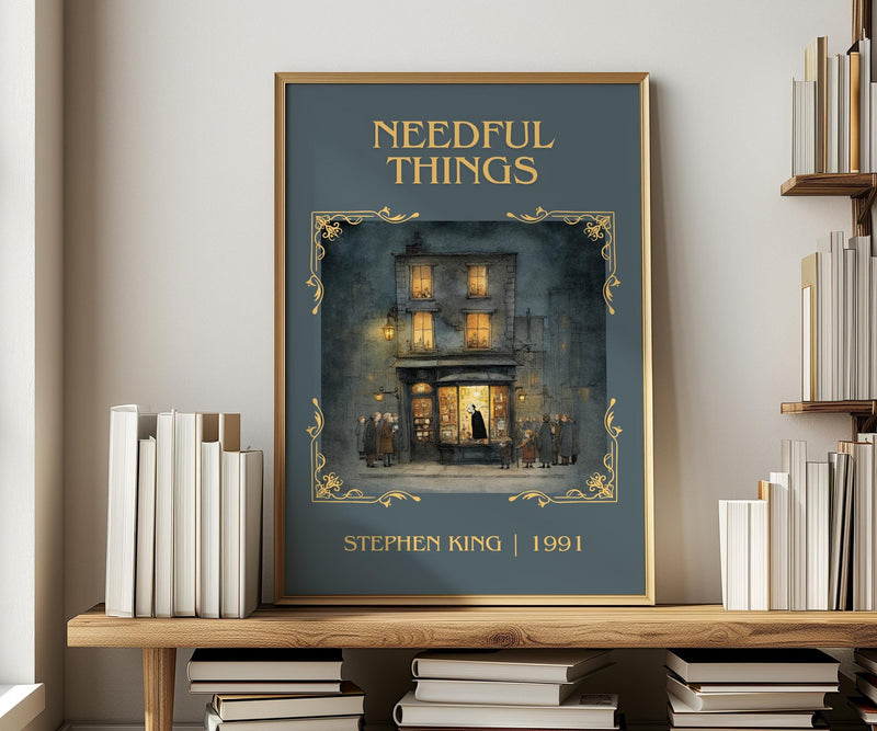 Needful Things classic book art print in frame leaning in hallway – horror wall art