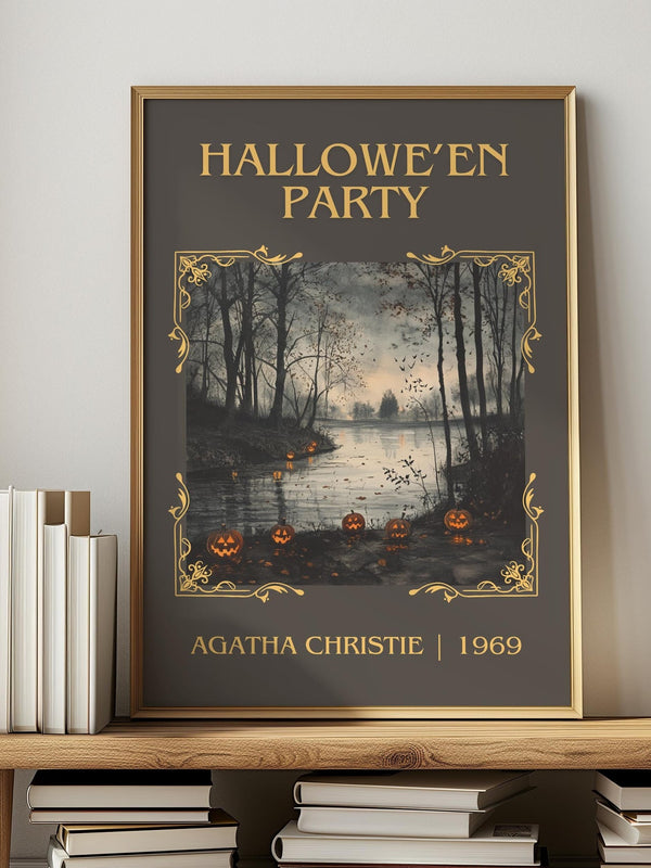 Hallowe'en Party classic book art print in frame leaning in hallway – mystery wall art