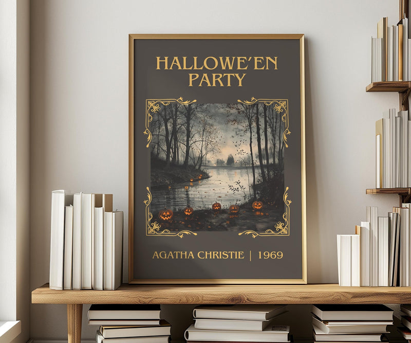 Hallowe'en Party classic book art print in frame leaning in hallway – mystery wall art