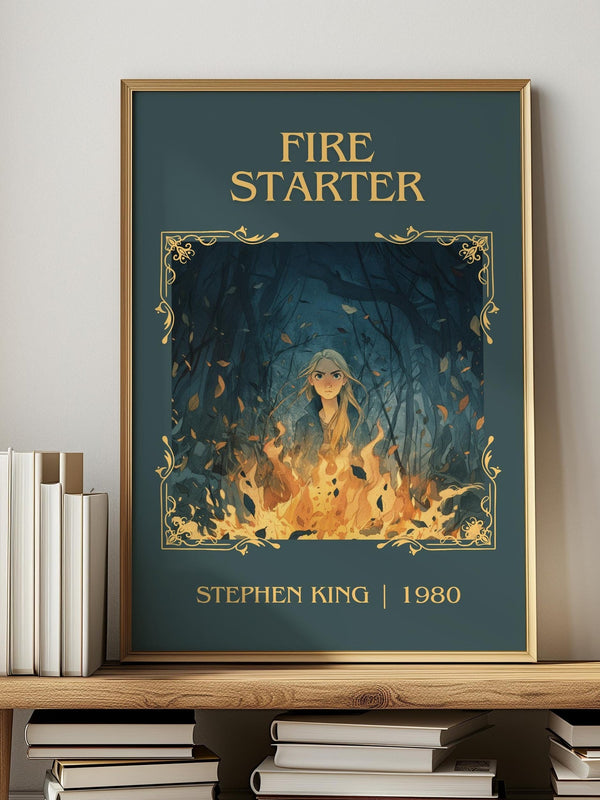 Firestarter classic book art print in frame leaning in hallway – horror wall art