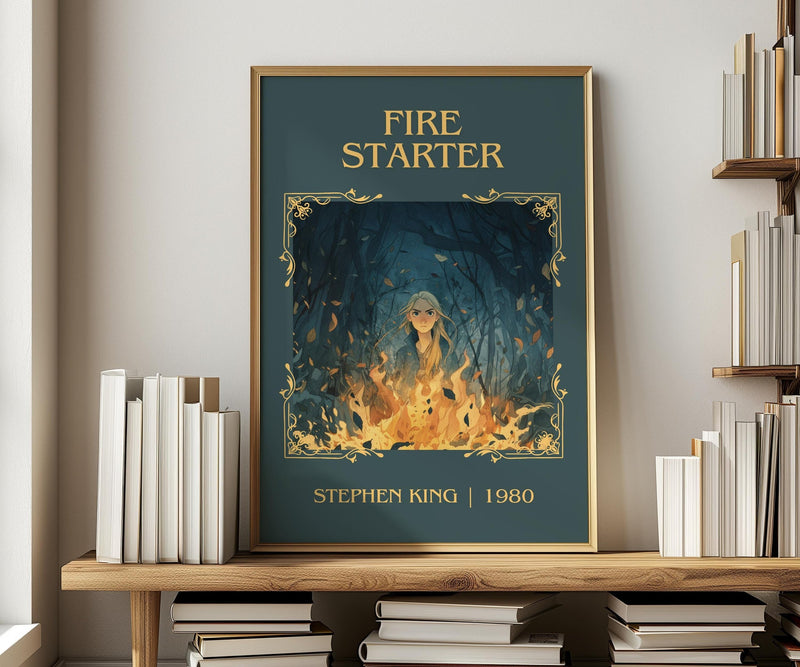 Firestarter classic book art print in frame leaning in hallway – horror wall art