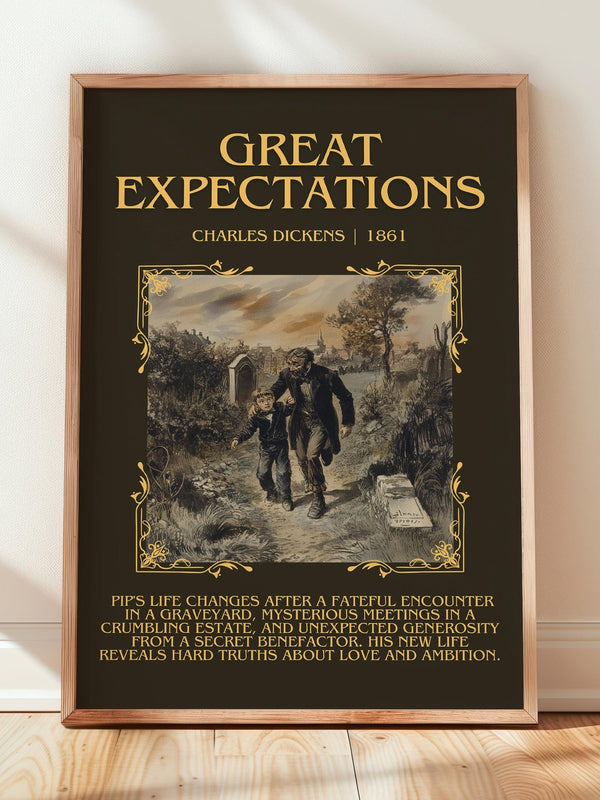 Great Expectations minimalist print in frame leaning in hallway – classic literature wall art