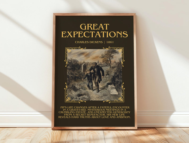 Great Expectations minimalist print in frame leaning in hallway – classic literature wall art