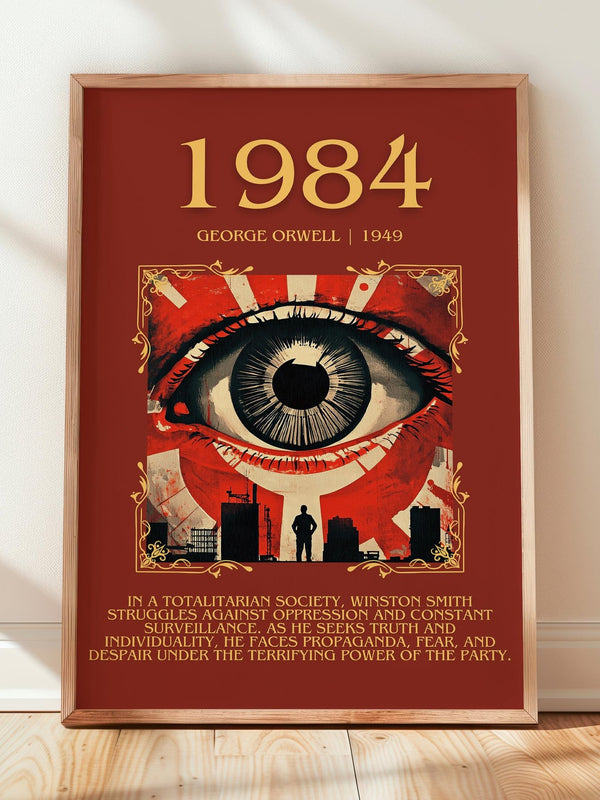 1984 minimalist print in frame leaning in hallway – dystopian wall art