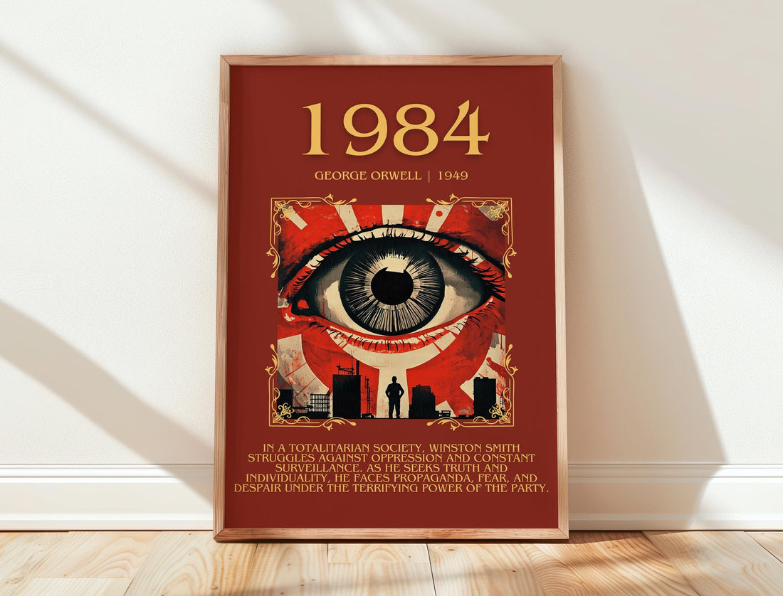 1984 minimalist print in frame leaning in hallway – dystopian wall art (mockup)