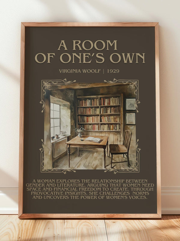 A Room Of One's Own minimalist print in frame leaning in hallway – non fiction wall art