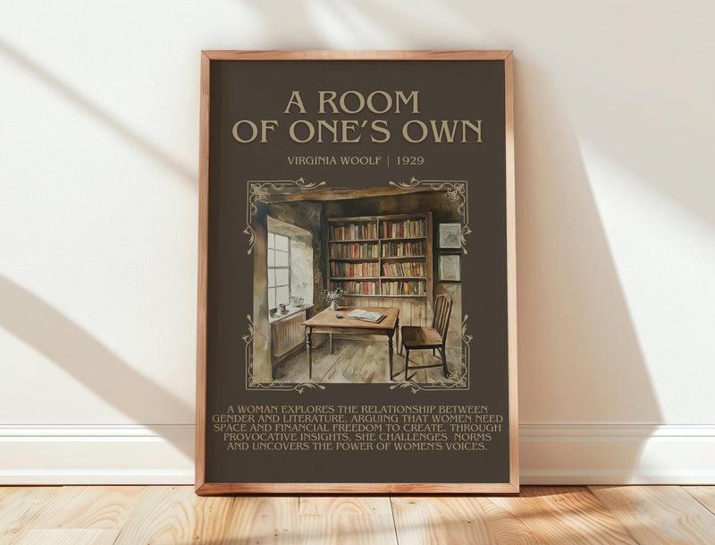 A Room Of One's Own minimalist print in frame leaning in hallway – non fiction wall art