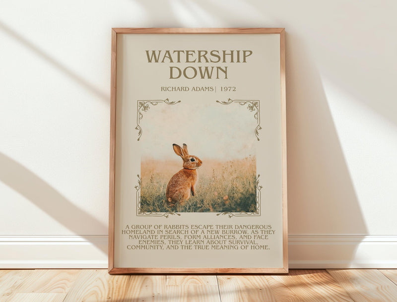 Watership Down minimalist print in frame leaning in hallway – adventure wall art