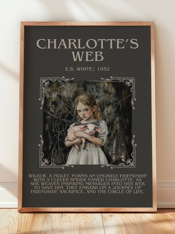 Charlotte's Web minimalist print in frame leaning in hallway – childrens wall art