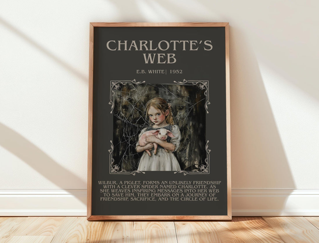 Charlotte's Web minimalist print in frame leaning in hallway – childrens wall art (mockup)