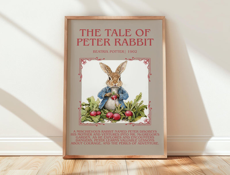 The Tale of Peter Rabbit minimalist print in frame leaning in hallway – childrens wall art