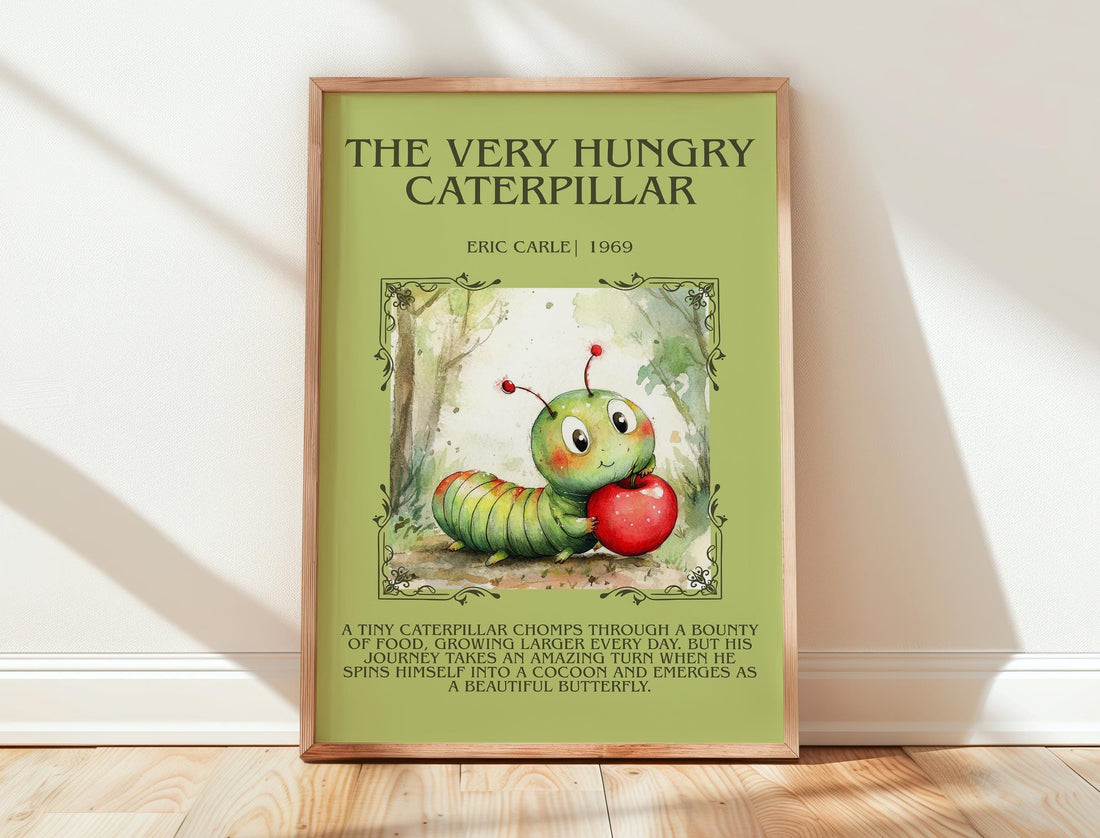 The Very Hungry Caterpillar minimalist print in frame leaning in hallway – childrens wall art (mockup)