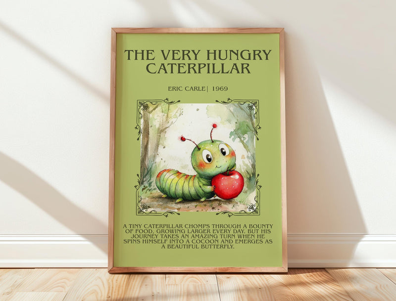 The Very Hungry Caterpillar minimalist print in frame leaning in hallway – childrens wall art
