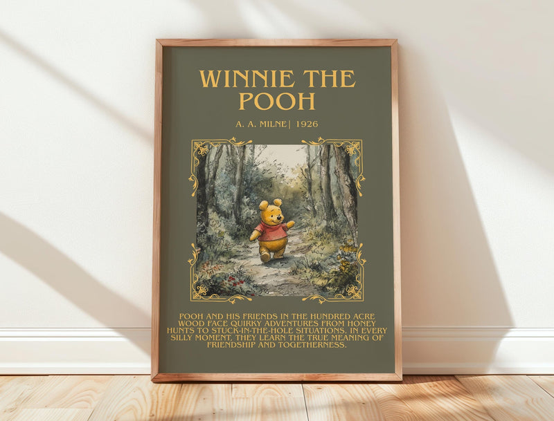 Winnie the Pooh minimalist print in frame leaning in hallway – childrens wall art