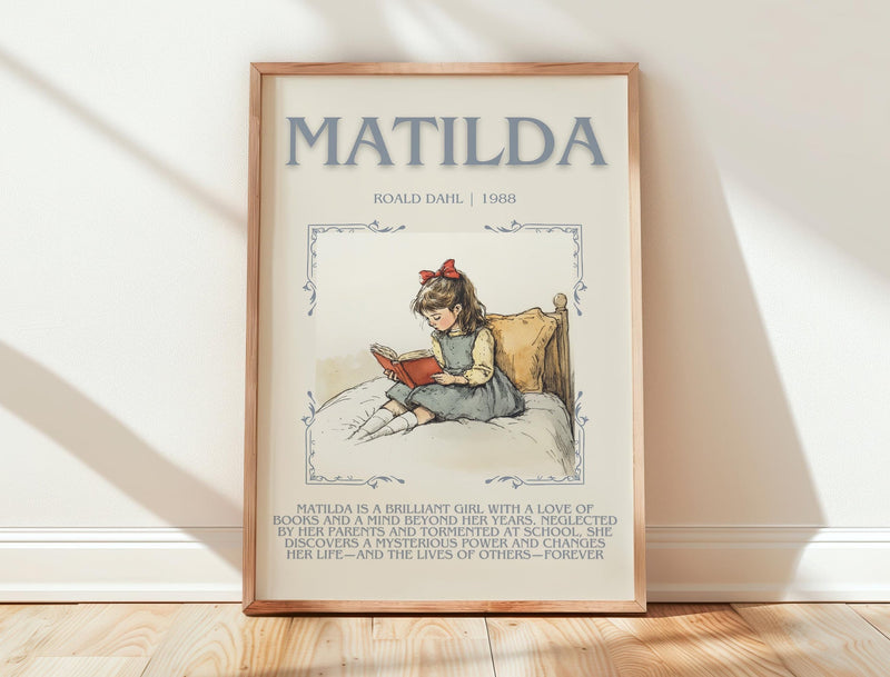 Matilda minimalist print in frame leaning in hallway – childrens wall art