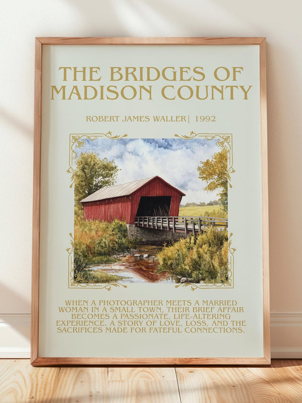 The Bridges of Madison County minimalist print in frame leaning in hallway – romance wall art