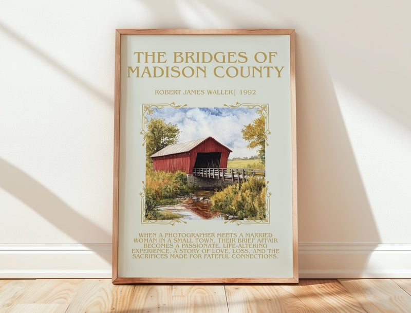 The Bridges of Madison County minimalist print in frame leaning in hallway – romance wall art