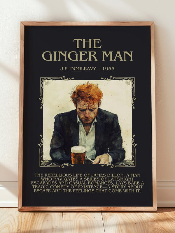 The Ginger Man minimalist print in frame leaning in hallway – coming of age wall art