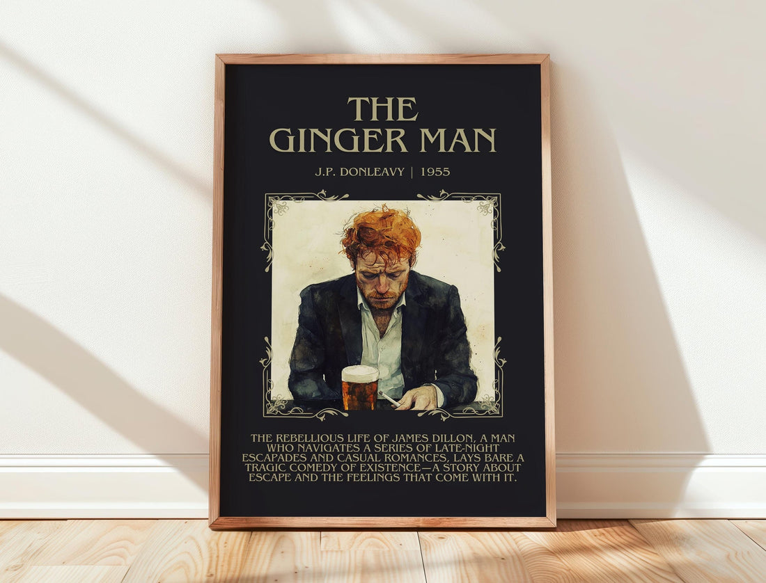 The Ginger Man minimalist print in frame leaning in hallway – coming of age wall art (mockup)