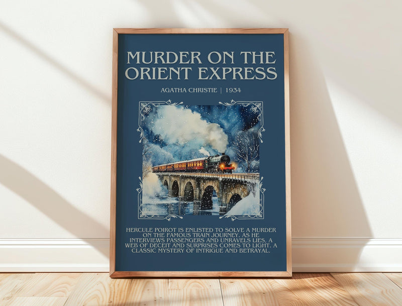 Murder On The Orient Express minimalist print in frame leaning in hallway – mystery wall art