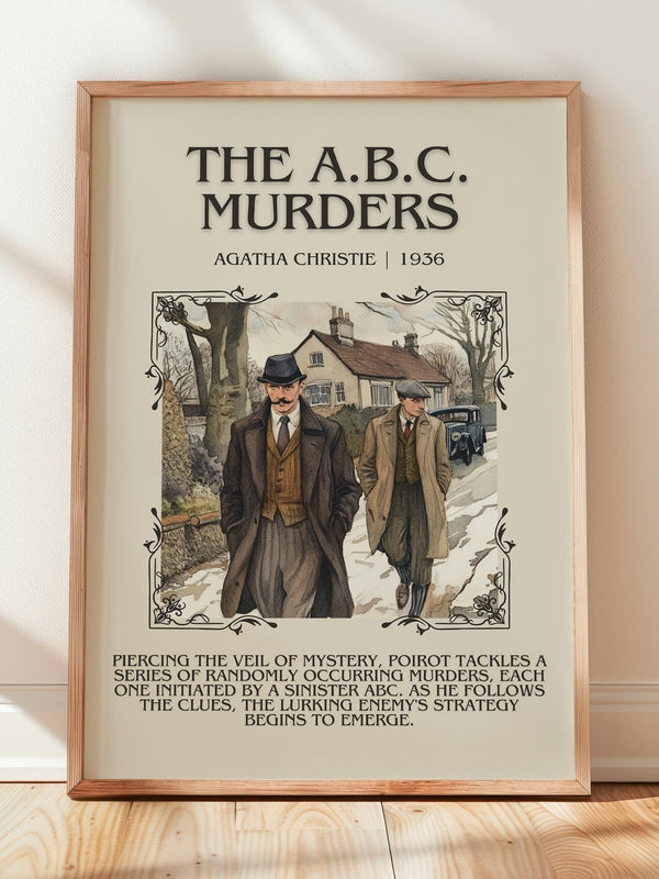 The A.B.C. Murders minimalist print in frame leaning in hallway – mystery wall art