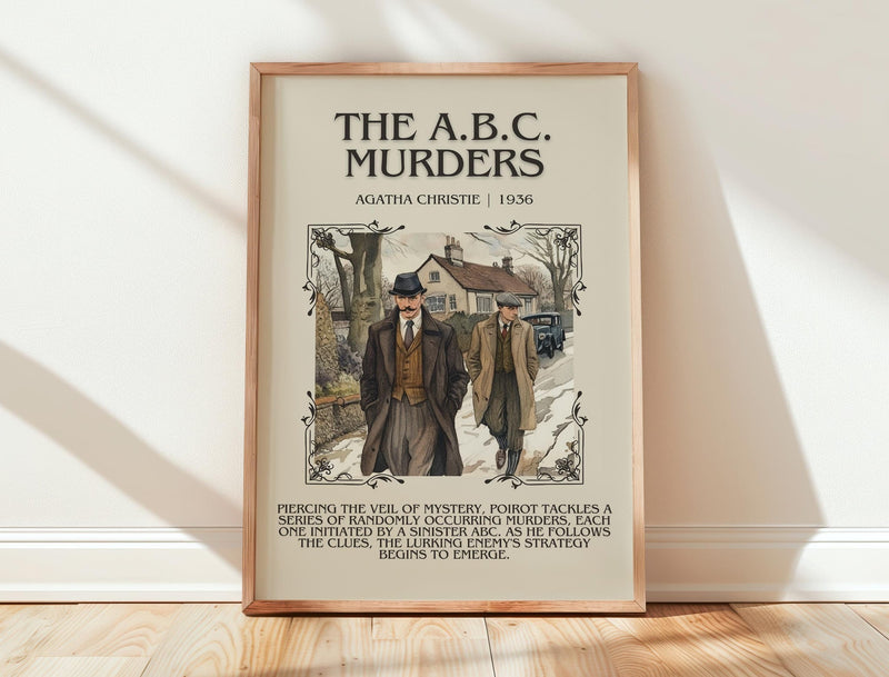 The A.B.C. Murders minimalist print in frame leaning in hallway – mystery wall art