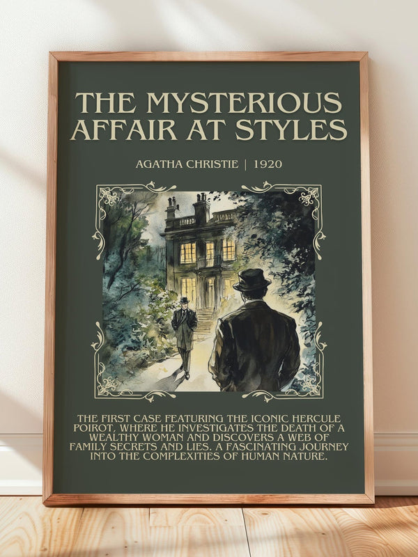 The Mysterious Affair At Styles minimalist print in frame leaning in hallway – mystery wall art