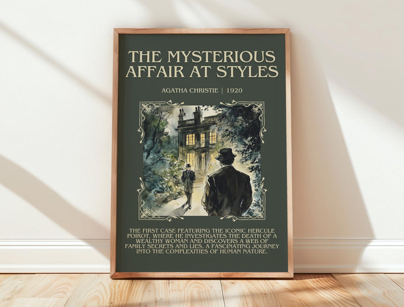 The Mysterious Affair At Styles minimalist print in frame leaning in hallway – mystery wall art