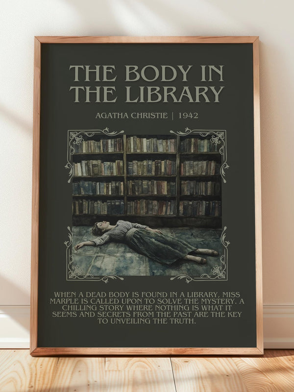 The Body in the Library minimalist print in frame leaning in hallway – mystery wall art