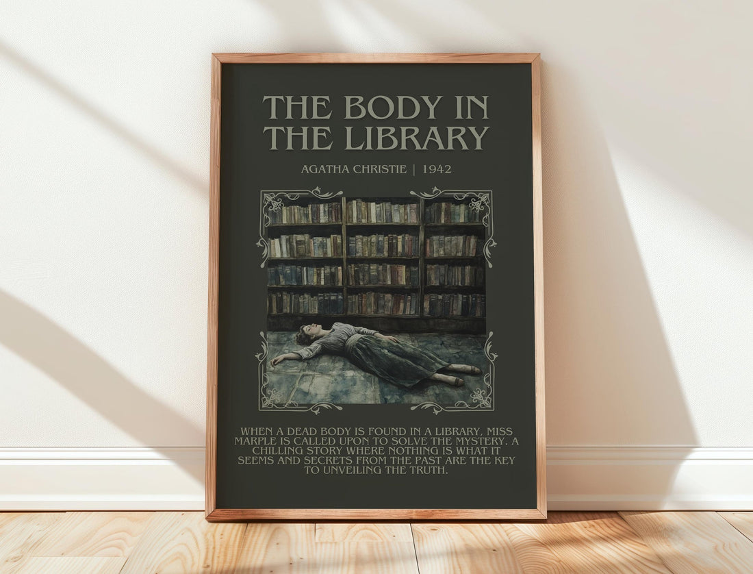 The Body in the Library minimalist print in frame leaning in hallway – mystery wall art (mockup)