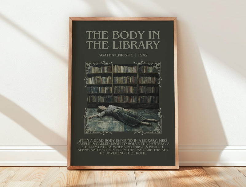 The Body in the Library minimalist print in frame leaning in hallway – mystery wall art
