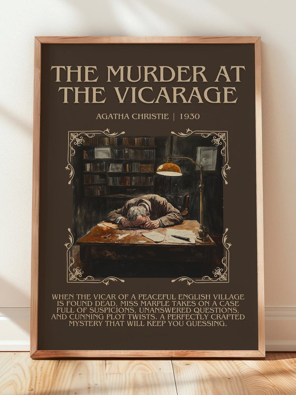 The Murder at the Vicarage minimalist print in frame leaning in hallway – mystery wall art