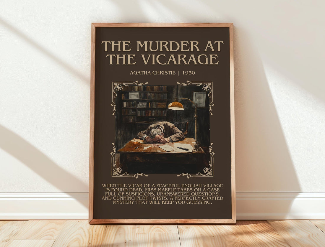 The Murder at the Vicarage minimalist print in frame leaning in hallway – mystery wall art (mockup)