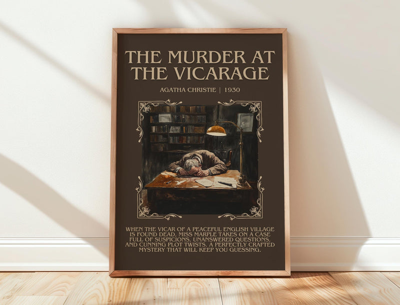 The Murder at the Vicarage minimalist print in frame leaning in hallway – mystery wall art