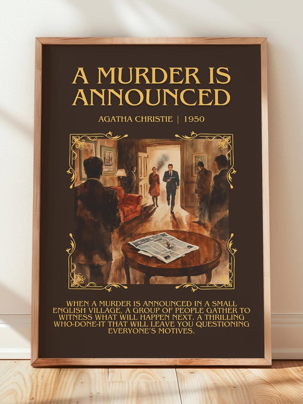 A Murder is Announced minimalist print in frame leaning in hallway – mystery wall art