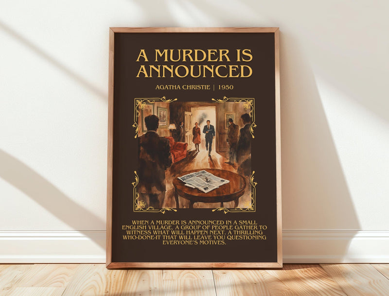 A Murder is Announced minimalist print in frame leaning in hallway – mystery wall art