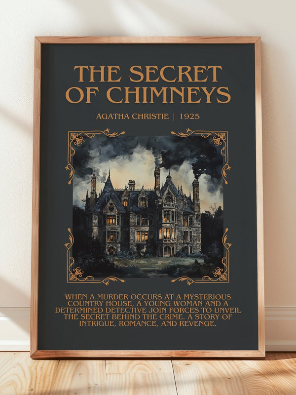 The Secret of Chimneys minimalist print in frame leaning in hallway – mystery wall art