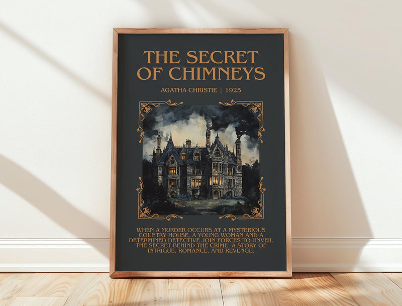 The Secret of Chimneys minimalist print in frame leaning in hallway – mystery wall art