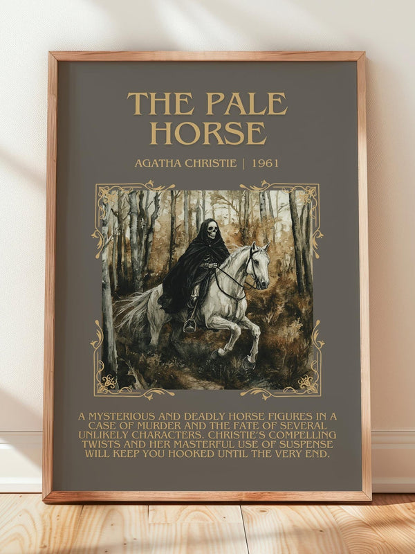 The Pale Horse minimalist print in frame leaning in hallway – mystery wall art