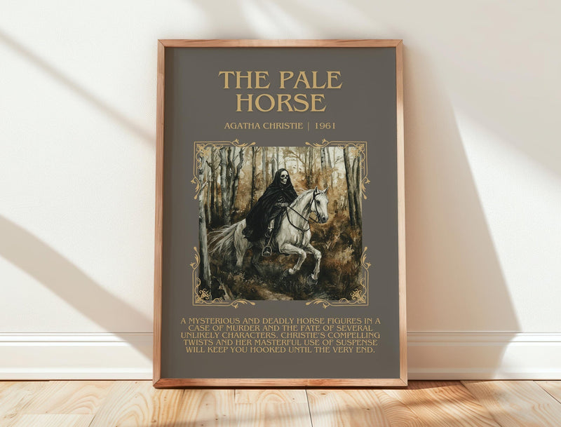 The Pale Horse minimalist print in frame leaning in hallway – mystery wall art